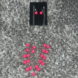 Silver and pink Beaded Necklace and Earring Set